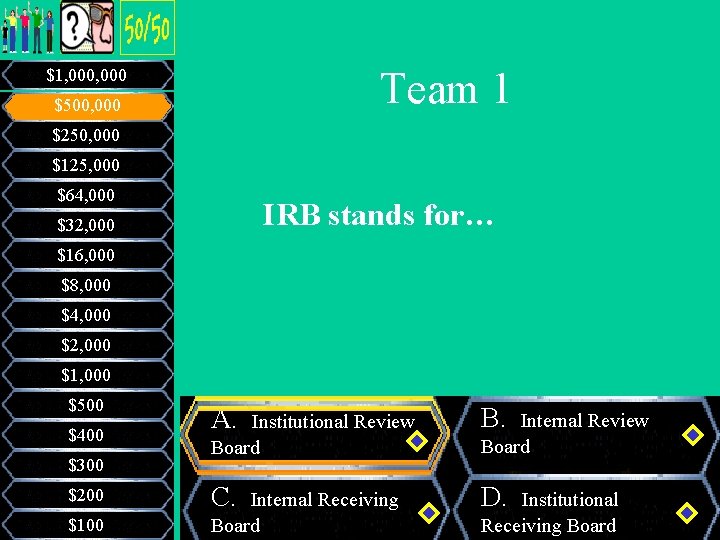 Team 1 $1, 000 $500, 000 $250, 000 $125, 000 $64, 000 IRB stands