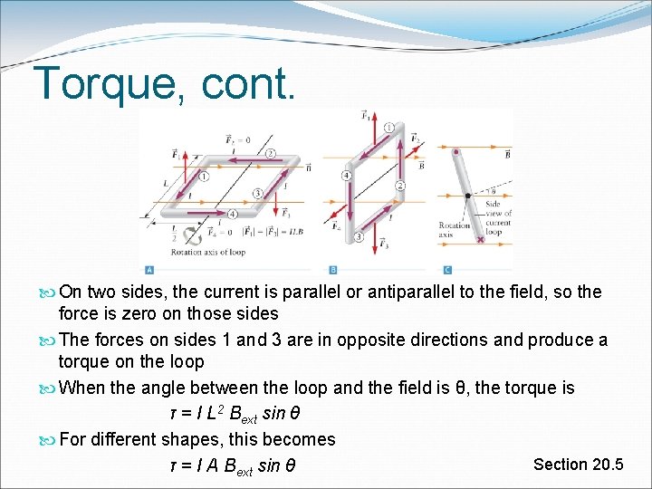 Torque, cont. On two sides, the current is parallel or antiparallel to the field, Torque, cont. On two sides, the current is parallel or antiparallel to the field,