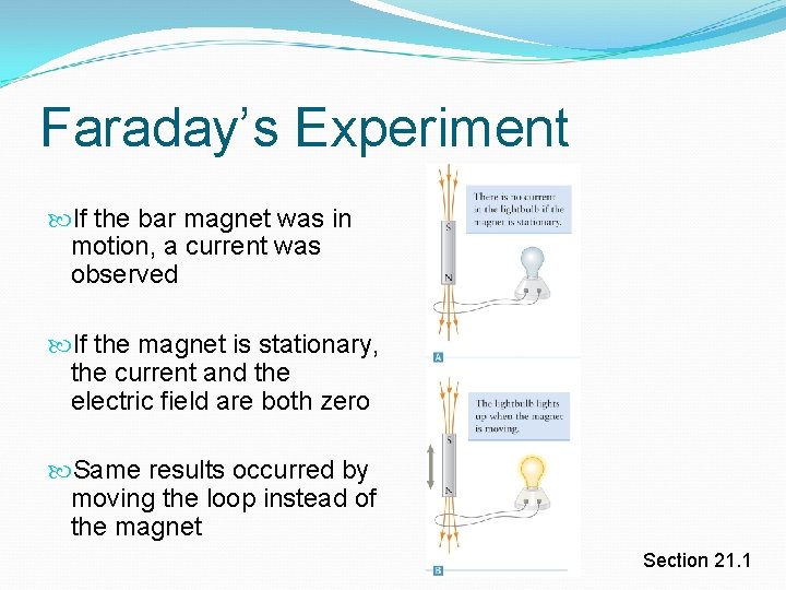 Faraday’s Experiment If the bar magnet was in motion, a current was observed If Faraday’s Experiment If the bar magnet was in motion, a current was observed If