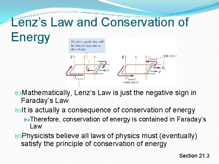 Lenz’s Law and Conservation of Energy Mathematically, Lenz’s Law is just the negative sign Lenz’s Law and Conservation of Energy Mathematically, Lenz’s Law is just the negative sign