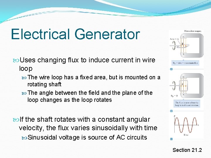 Electrical Generator Uses changing flux to induce current in wire loop The wire loop Electrical Generator Uses changing flux to induce current in wire loop The wire loop