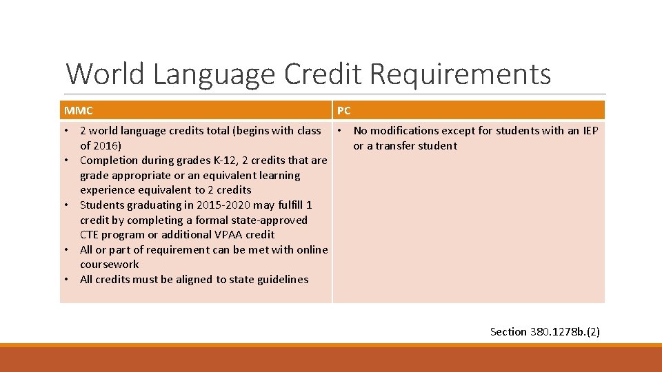 World Language Credit Requirements MMC PC • 2 world language credits total (begins with