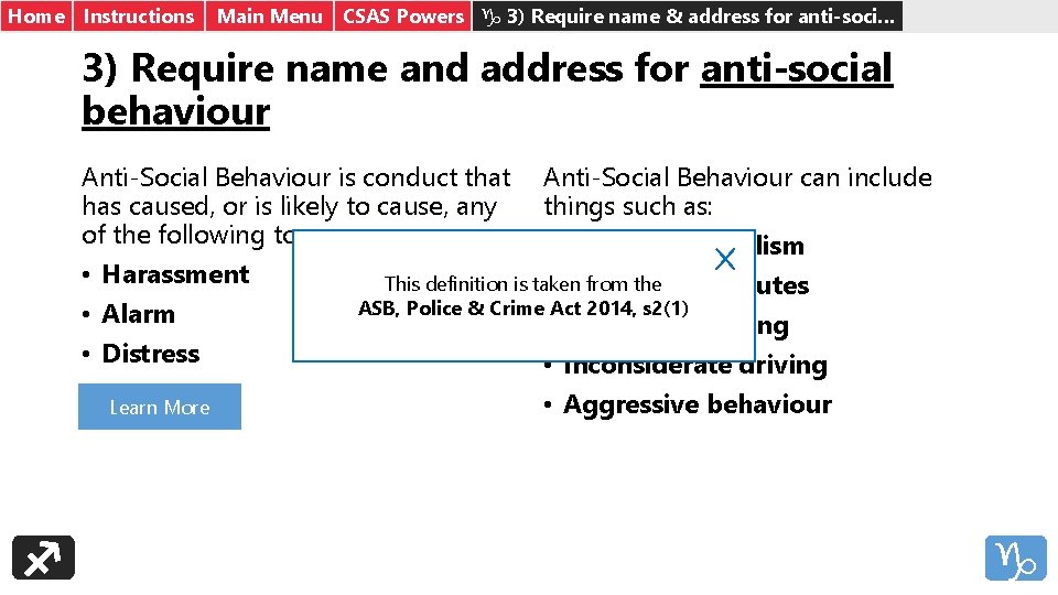 Home Instructions Main Menu CSAS Powers g 3) Require name & address for anti-soci…