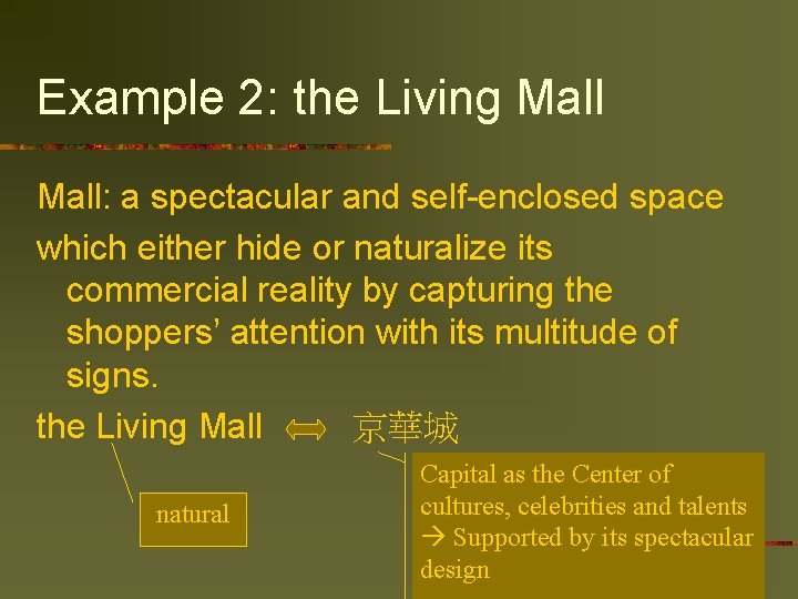 Example 2: the Living Mall: a spectacular and self-enclosed space which either hide or