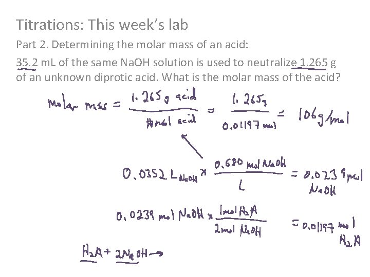 Titrations: This week’s lab Part 2. Determining the molar mass of an acid: 35.