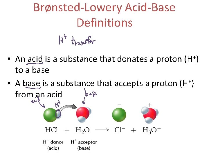 Brønsted-Lowery Acid-Base Definitions • An acid is a substance that donates a proton (H+)