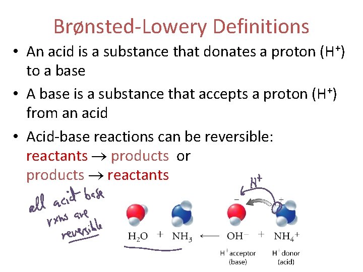 Brønsted-Lowery Definitions • An acid is a substance that donates a proton (H+) to