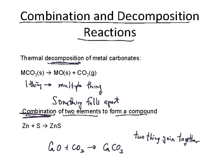 Combination and Decomposition Reactions Thermal decomposition of metal carbonates: MCO 3(s) MO(s) + CO