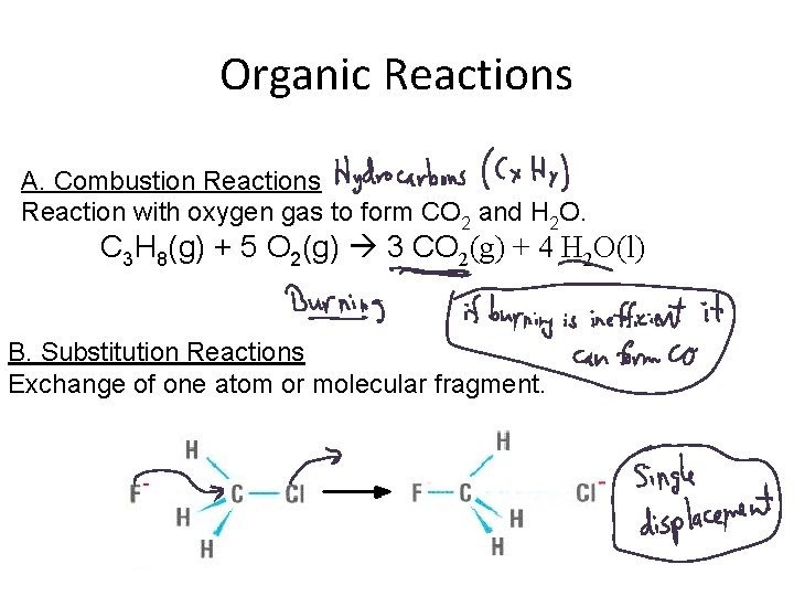 Organic Reactions A. Combustion Reactions Reaction with oxygen gas to form CO 2 and