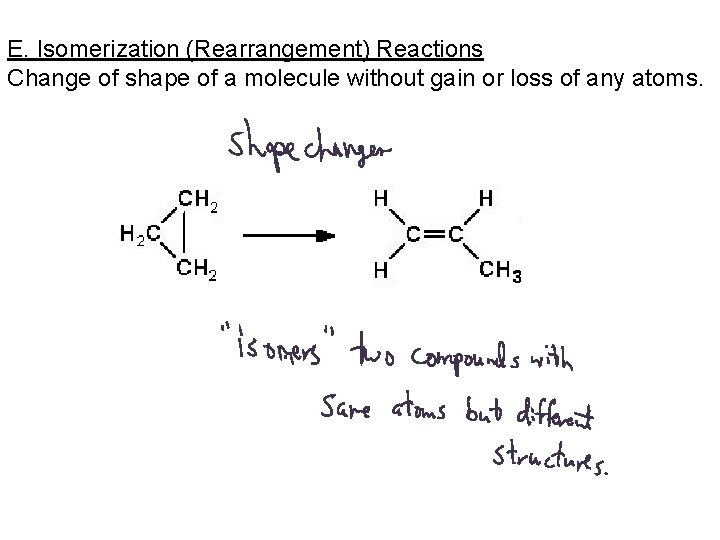 E. Isomerization (Rearrangement) Reactions Change of shape of a molecule without gain or loss