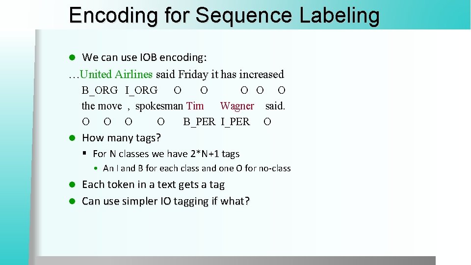 Encoding for Sequence Labeling We can use IOB encoding: …United Airlines said Friday it