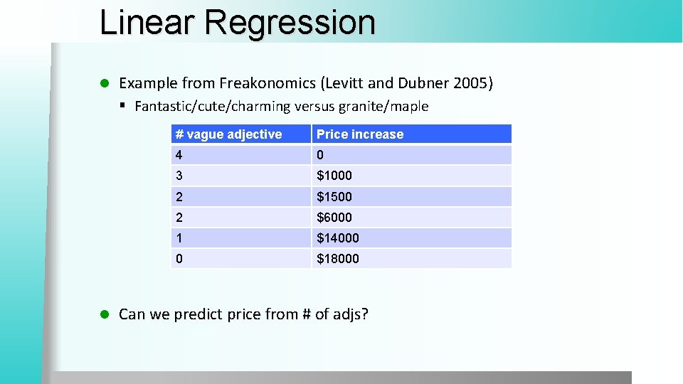 Linear Regression l Example from Freakonomics (Levitt and Dubner 2005) § Fantastic/cute/charming versus granite/maple