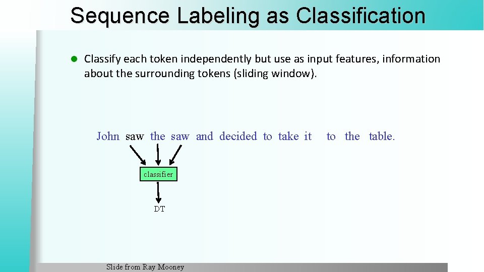 Sequence Labeling as Classification l Classify each token independently but use as input features,