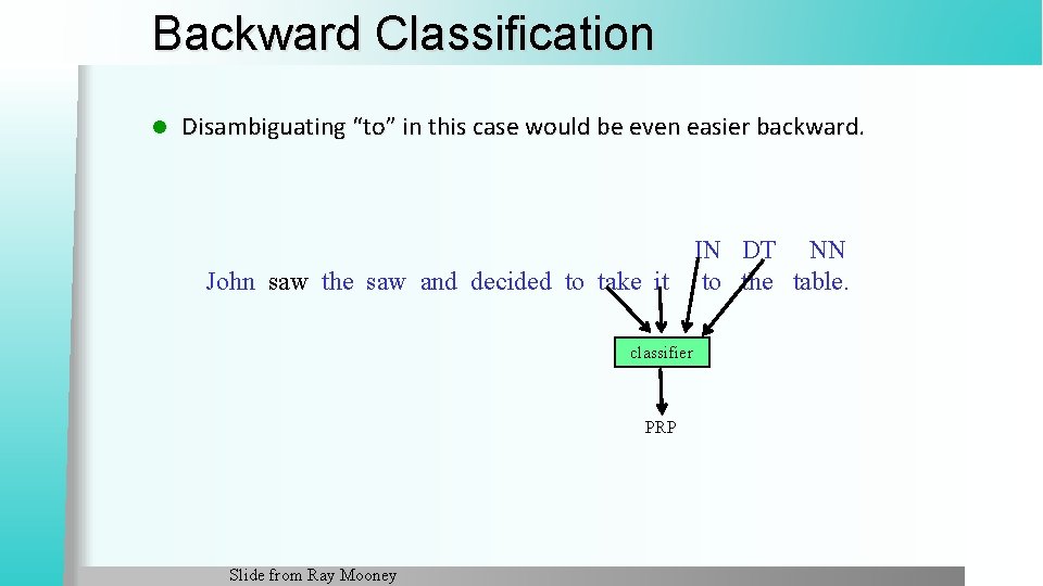 Backward Classification l Disambiguating “to” in this case would be even easier backward. IN