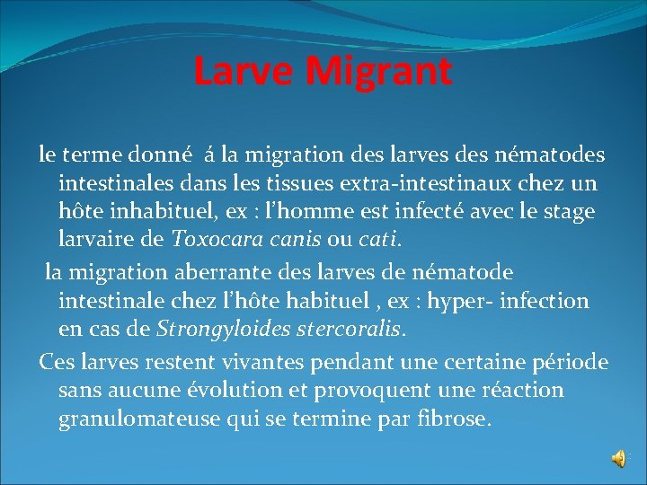 Larve Migrant le terme donné á la migration des larves des nématodes intestinales dans