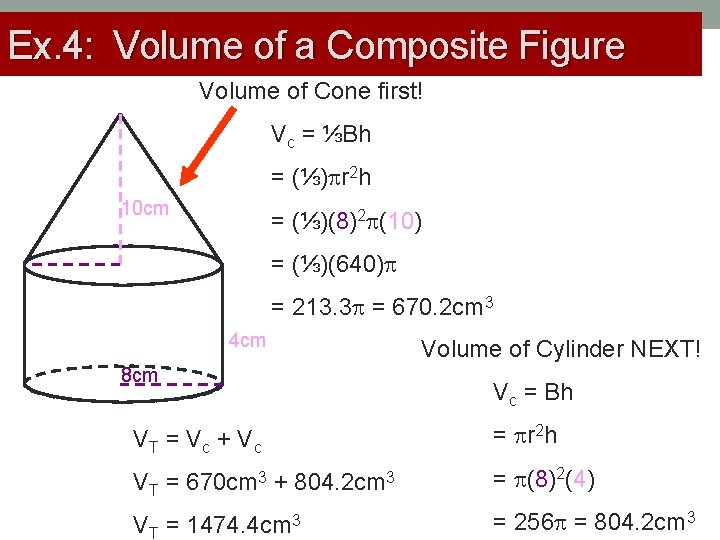 Ex. 4: Volume of a Composite Figure Volume of Cone first! Vc = ⅓Bh