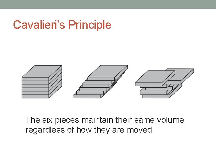 Cavalieri’s Principle The six pieces maintain their same volume regardless of how they are