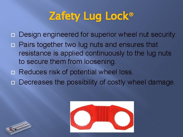Zafety Lug Lock® Design engineered for superior wheel nut security. Pairs together two lug