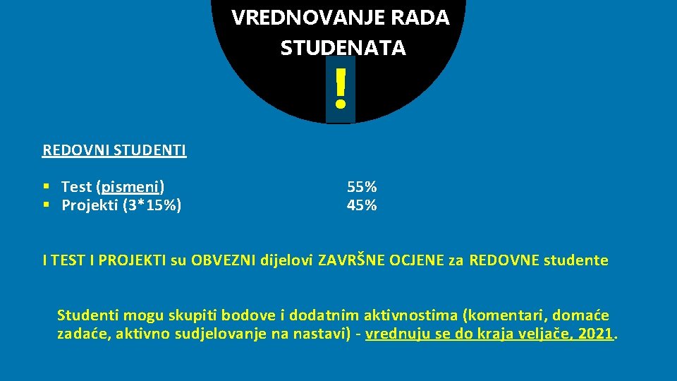 VREDNOVANJE RADA STUDENATA ! REDOVNI STUDENTI § Test (pismeni) § Projekti (3*15%) 55% 45%