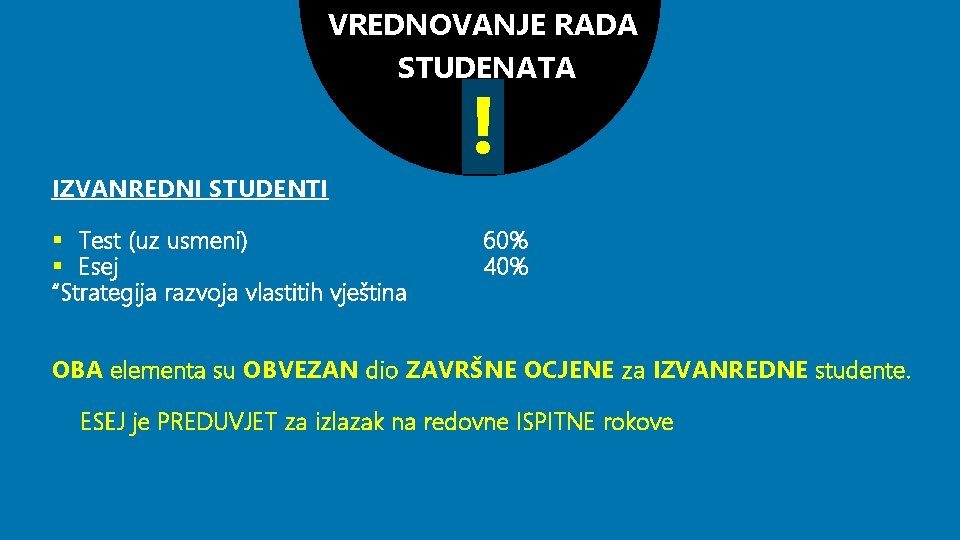 VREDNOVANJE RADA STUDENATA IZVANREDNI STUDENTI § Test (uz usmeni) § Esej “Strategija razvoja vlastitih