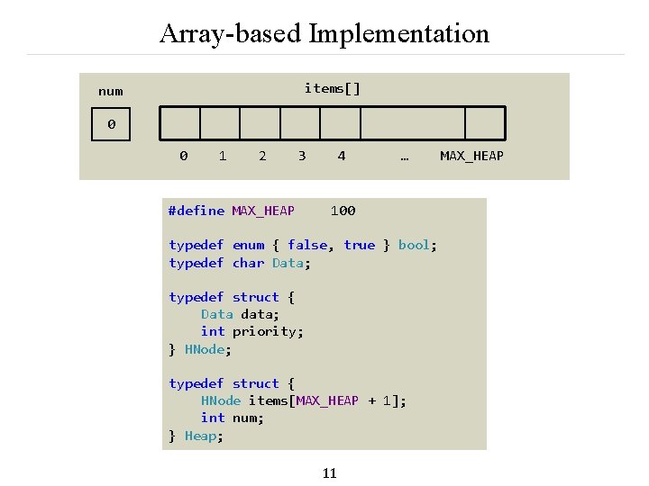 Array-based Implementation items[] num 0 0 1 2 3 #define MAX_HEAP 4 … 100