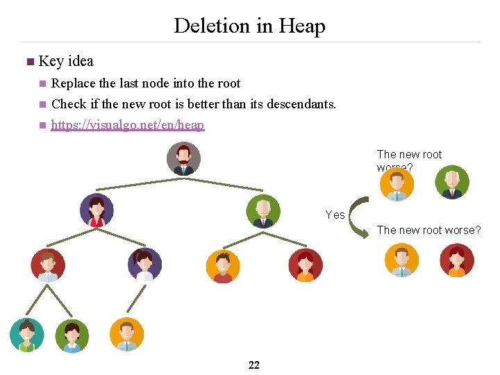 Deletion in Heap n Key idea n n n Replace the last node into