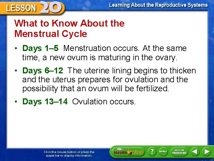 What to Know About the Menstrual Cycle • Days 1– 5 Menstruation occurs. At