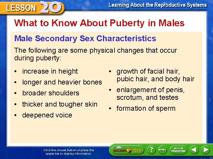 What to Know About Puberty in Males Male Secondary Sex Characteristics The following are