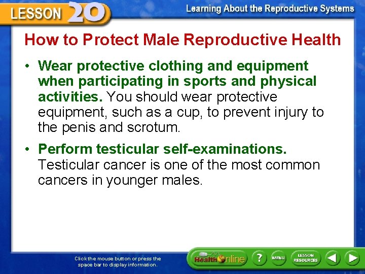 How to Protect Male Reproductive Health • Wear protective clothing and equipment when participating