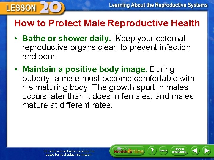 How to Protect Male Reproductive Health • Bathe or shower daily. Keep your external