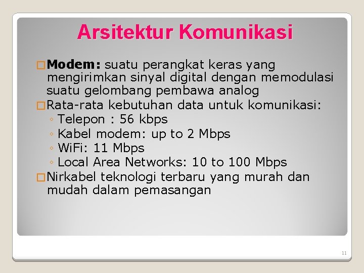 Arsitektur Komunikasi � Modem: suatu perangkat keras yang mengirimkan sinyal digital dengan memodulasi suatu