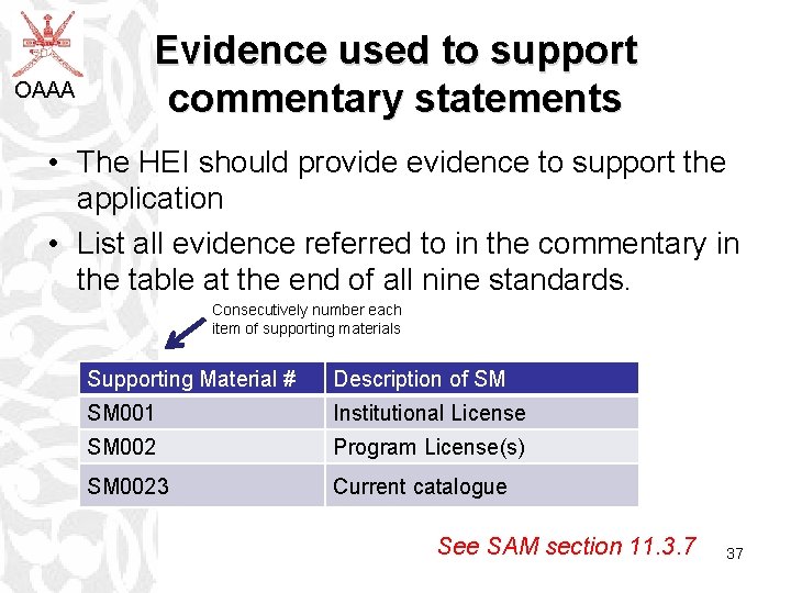 OAAA Evidence used to support commentary statements • The HEI should provide evidence to