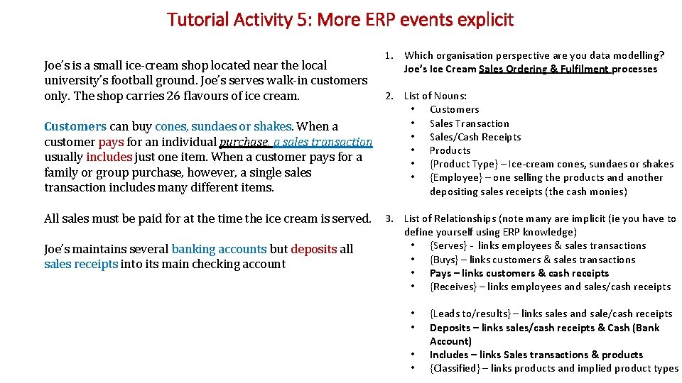 Tutorial Activity 5: More ERP events explicit Joe’s is a small ice-cream shop located