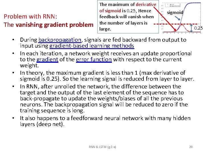 Problem with RNN: The vanishing gradient problem The maximum of derivative of sigmoid is