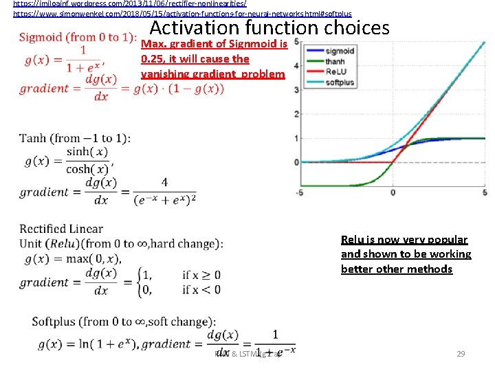 https: //imiloainf. wordpress. com/2013/11/06/rectifier-nonlinearities/ https: //www. simonwenkel. com/2018/05/15/activation-functions-for-neural-networks. html#softplus Activation function choices Max. gradient