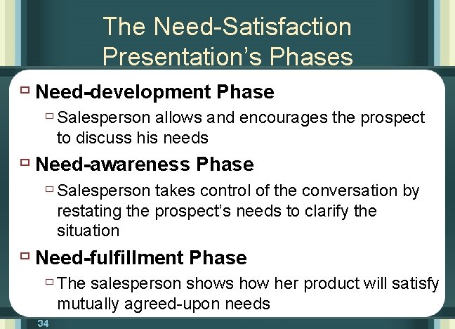 The Need-Satisfaction Presentation’s Phases ù Need-development Phase ù Salesperson allows and encourages the prospect