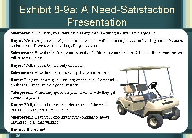 Exhibit 8 -9 a: A Need-Satisfaction Presentation Salesperson: Mr. Pride, you really have a