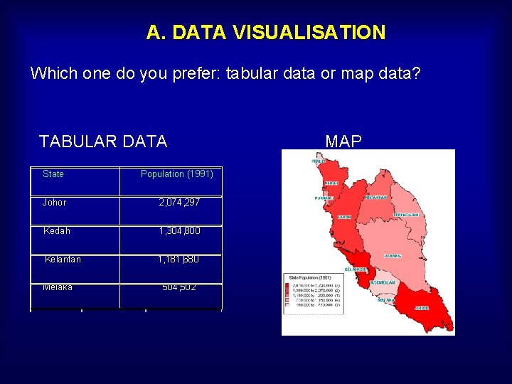 A. DATA VISUALISATION Which one do you prefer: tabular data or map data? TABULAR