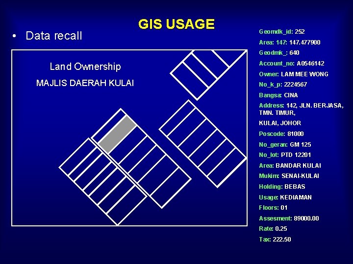  • Data recall GIS USAGE Geomdk_id: 252 Area: 147. 477900 Geodmk_: 640 Land
