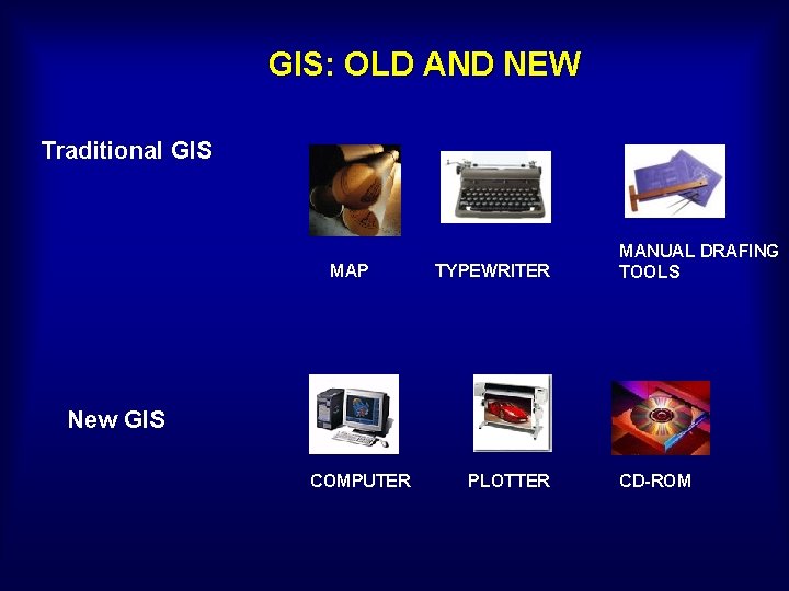 GIS: OLD AND NEW Traditional GIS MAP TYPEWRITER MANUAL DRAFING TOOLS New GIS COMPUTER