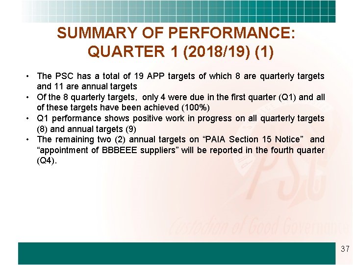 SUMMARY OF PERFORMANCE: QUARTER 1 (2018/19) (1) • The PSC has a total of