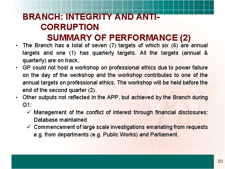 BRANCH: INTEGRITY AND ANTICORRUPTION SUMMARY OF PERFORMANCE (2) • The Branch has a total