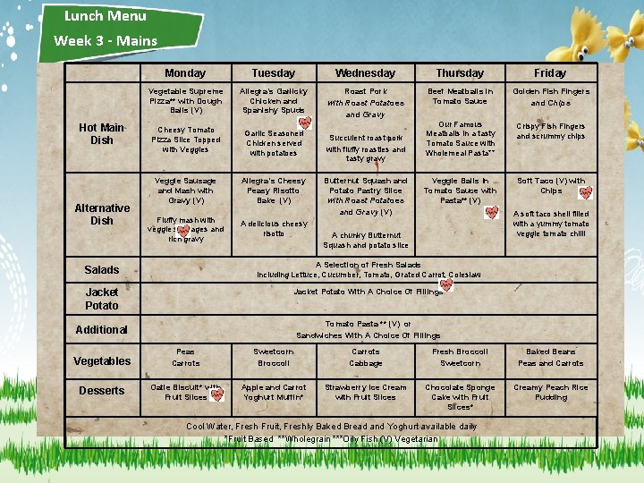 Lunch Menu Week 3 - Mains Hot Main Dish Alternative Dish Monday Tuesday Wednesday