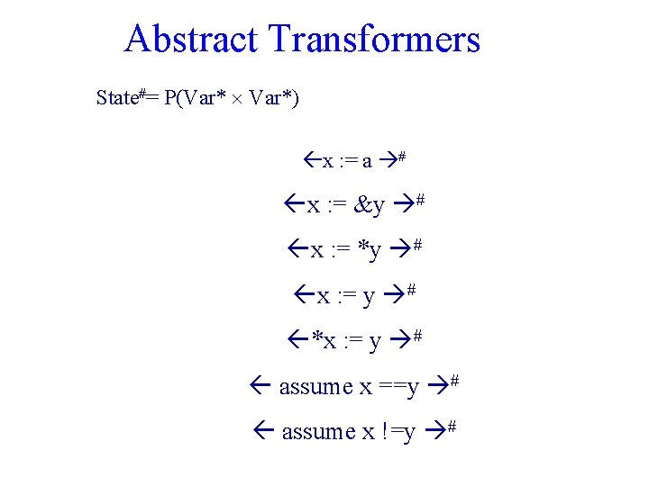 Abstract Transformers State#= P(Var* Var*) x : = a # x : = &y