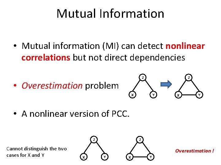 Mutual Information • Mutual information (MI) can detect nonlinear correlations but not direct dependencies