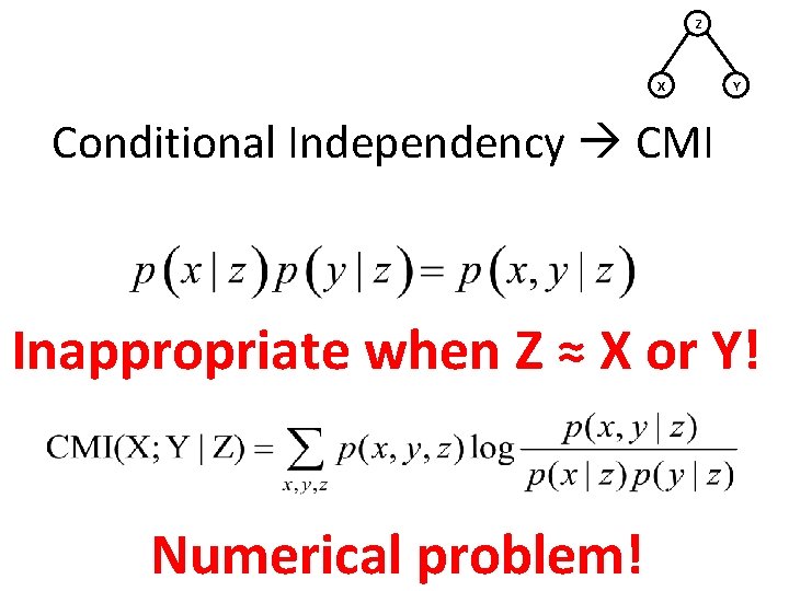 Z X Y Conditional Independency CMI Inappropriate when Z ≈ X or Y! Numerical