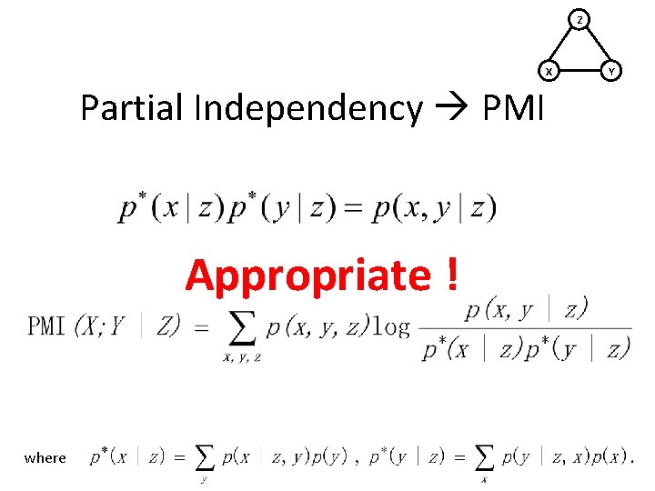 Z X Partial Independency PMI Appropriate ! where Y 