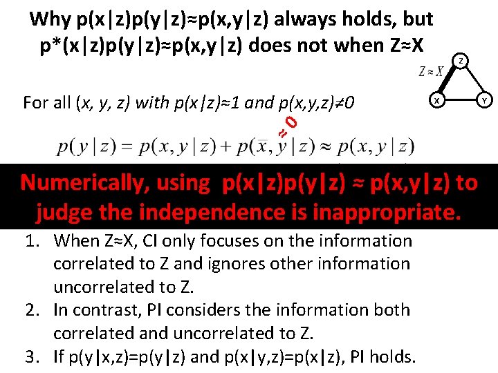 Why p(x|z)p(y|z)≈p(x, y|z) always holds, but p*(x|z)p(y|z)≈p(x, y|z) does not when Z≈X For all