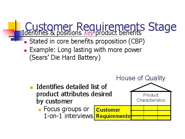 n Customer Requirements Stage Identifies & positions key product benefits n n Stated in