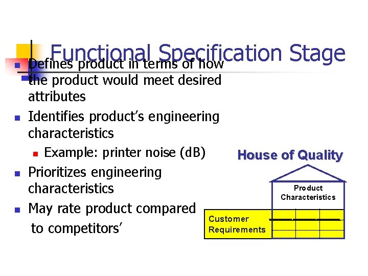n n Functional Specification Stage Defines product in terms of how the product would